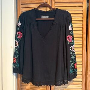 Anthropologie Meadow Rue Eyelet Harriet Floral Embroidery Top Peasant Shirt Med